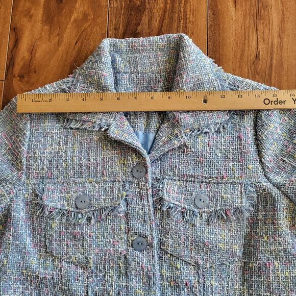 Womens Tweed Button Front Jacket Coat Blue Multi Fringe Trim Textured Chic Sm-M - Picture 7 of 10